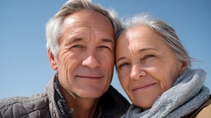 Fototapeta premium A happy mature couple with grey hair smiling together outdoors under a clear blue sky