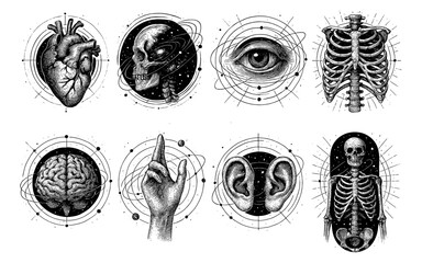 Intricate anatomical designs featuring human body parts in cosmic patterns