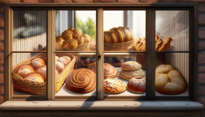 a vintage bakery window with 3d rendered organic bread and pastries arranged beautifully