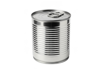 Metal food can mockup, silver steel tin can with pull tab, preserved food container, realistic product packaging isolated on transparent background