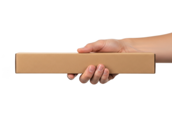 Hand holding brown cardboard box, package delivery, shipping container, postal service, courier, isolated on transparent background