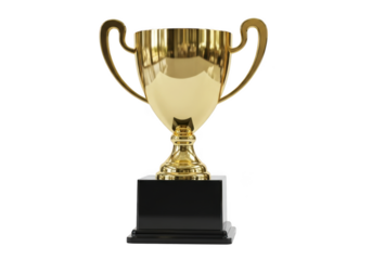 Golden trophy award cup illustration, victory achievement, competition prize, winner reward, shiny metal, sport symbol, success celebration, isolated on transparent background