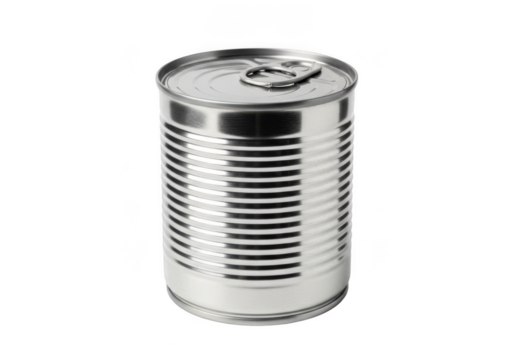 Metal food can mockup, silver steel tin can with pull tab, preserved food container, realistic product packaging isolated on transparent background