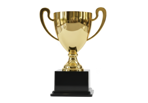 Golden trophy award cup illustration, victory achievement, competition prize, winner reward, shiny metal, sport symbol, success celebration, isolated on transparent background