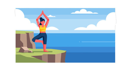 Fototapeta premium Woman Practicing Yoga On A Cliff Near The Ocean Against A Beautiful Blue Sky