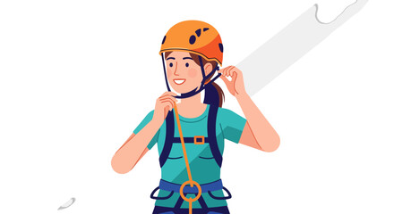 Woman Preparing For Climbing, Adjusting Her Protective Helmet Before Sport Activity