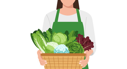 Woman Presenting Freshly Harvested Vegetables in a Woven Basket on Dark Background