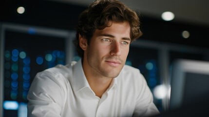 IT specialist performing diagnostics in a dimly lit data store surrounded by blinking servers — cybersecurity protection, network resilience, and mission-critical data management workflow.