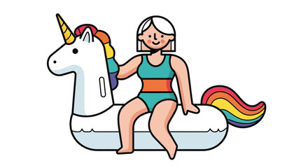 Woman Rides Magical Unicorn Float; Bright Colorful Summer Illustration on Black Background