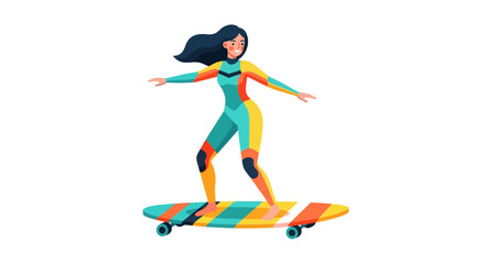 Woman Rides Skateboard In Colorful Outfit Against Black Background Illustration