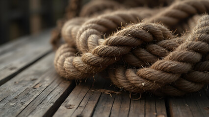 Fototapeta premium Old rope fibers on ship deck. Ultra realistic rope details for maritime decor. Hiking and sailing gear made from ship rope. Repairing vintage boat ropes effectively.