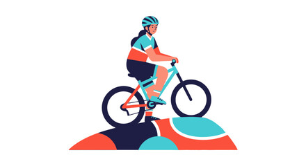 Woman Riding Bicycle On Mountainous Terrain With Colorful Geometric Illustration