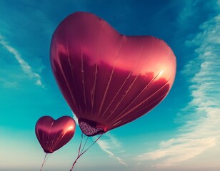 Obraz premium two balloons floating in the sky with hearts attached drifting gently in the breeze