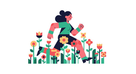 Woman Running Through Field Of Flowers: A Vibrant And Energetic Illustration