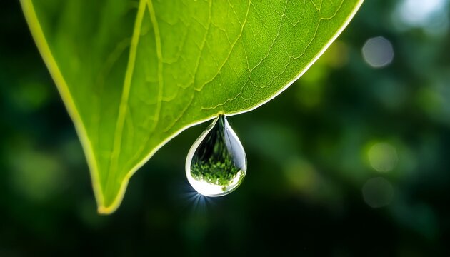 a single water drop hanging from the tip of a green leaf