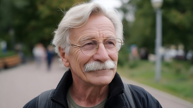 Portrait of a smiling senior man with glasses in a park on a pleasant day