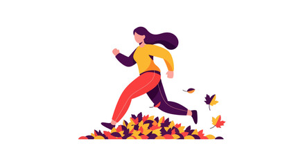 Woman Runs Through Autumn Leaves in Stylish Illustration with Dark Background Scenario