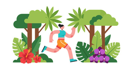 Woman Runs Through Lush Tropical Jungle Environment with Vibrant Flowers and Trees
