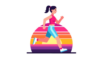 Woman Runs Under Retro Sunset for Health and Fitness, Running Concept for Health