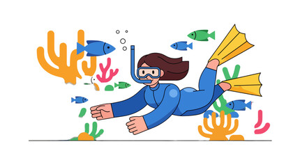 Woman Scuba Diving Among Sea Creatures in Vibrant Cartoon Underwater Scene