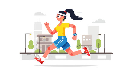Woman Runs Through Urban Setting, Animated Illustration Depicting Modern Active Lifestyle