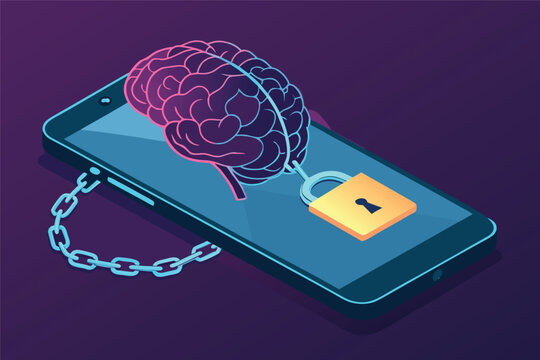 Digital addiction metaphor, brain locked inside a glowing phone screen, trapped by connectivity, glowing wires, social media icons.