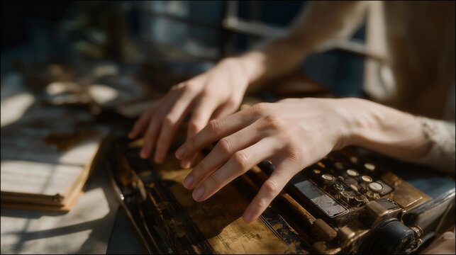 Close-up of aged hands brushing over vintage camera and set pieces, sunlight highlighting textures — representing film history preservation, emotional connection to past works, artistic heritage,