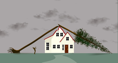 Storm damage from a tree that has fallen on a house  is seen in a 3-d illustration about homeowners insurance.