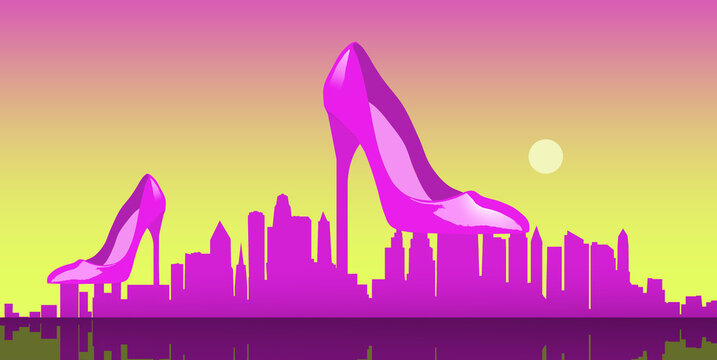 Fashion in the city is the theme of these high heeled shoes blending into a city skyline in an illustration. Copy space within the image.