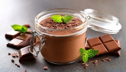 chocolate mousse dessert in a glass jar garnished with chopped chocolate and mint
