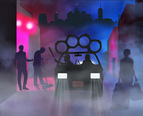 Young urban  thugs are cruising a city in their car and looking for trouble and someone to fight  in a 3-d illustration about hate crimes or ethnicity crimes.   sculpture of brass knuckles on car