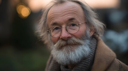 Portrait of a wise gentle elderly man with glasses and beard smiling softly outdoors at twilight with bokeh