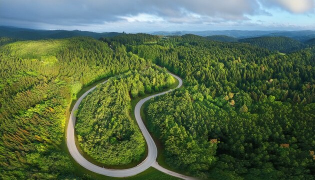 winding path in forest an aerial view showcases a winding path cutting through a dense forest canopy offering a serene journey through nature s verdant embrace - Powered by Adobe