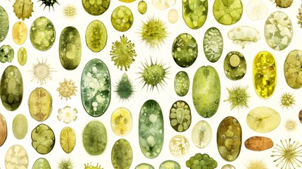 Watercolor illustration of algae and plankton. Microscopic underwater organisms in a natural science style. Biology and microbiology concept for education.