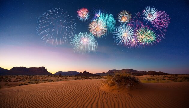 a quiet desert landscape at night with fireworks lighting up the sky in vibrant colors