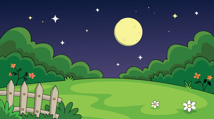Night scene with moon, stars, and grassy field
