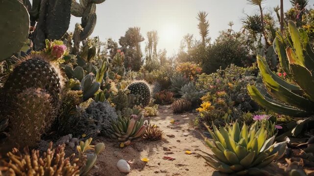 Desert garden path bathed in warm sunlight