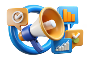 3d marketing promotion megaphone with statistics and check mark icons illustration, business and advertising concept, isolated on transparent background