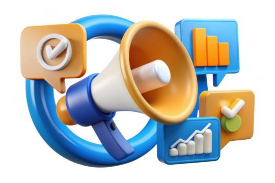 3d marketing promotion megaphone with statistics and check mark icons illustration, business and advertising concept, isolated on transparent background