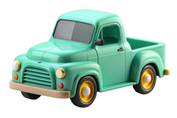 Vintage pickup truck 3d render, classic american car, automotive illustration, transportation clip art, green vehicle, isolated on transparent background