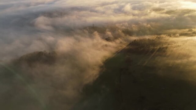 Scenic Cloud Inversion at the Peak District National park in the UK.  Cinematic Drone Landscape Exploration around Froggatt Edge, Curbar Edge and Baslow Edge, which are the most popular hiking trails.