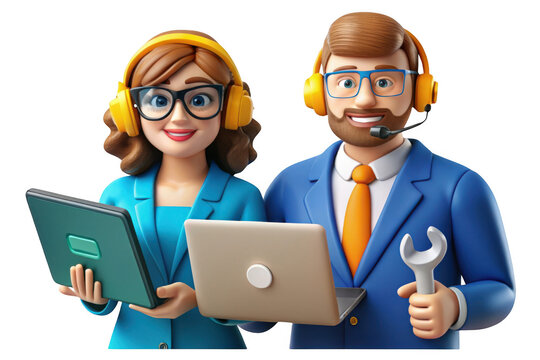 Cartoon customer service team with laptops and headsets, male and female support agents, technical assistance experts, isolated on transparent background - Powered by Adobe