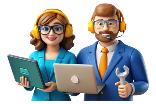Cartoon customer service team with laptops and headsets, male and female support agents, technical assistance experts, isolated on transparent background