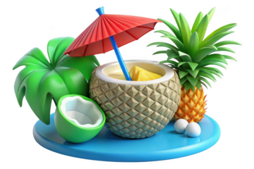 3d rendered tropical fruit drink with pineapple, coconut, and umbrella illustration, summer vacation concept, isolated on transparent background