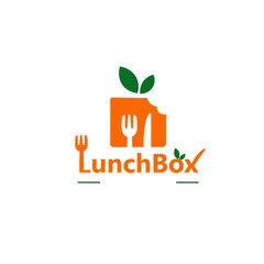 Lunch Box Food Delivery Logo, Healthy Meal Preparation Emblem with Cutlery and Leaf, Restaurant App Icon Vector