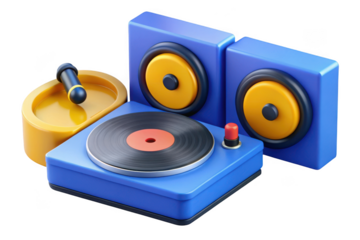 3d cartoon turntable with speakers and microphone, retro music player, vinyl record player, dj equipment isolated on transparent background
