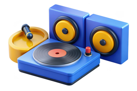 3d cartoon turntable with speakers and microphone, retro music player, vinyl record player, dj equipment isolated on transparent background