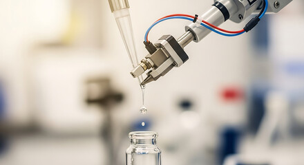 Precision robotic arm dispensing liquid into vial for pharmaceutical research and biotech innovation in a modern lab environment, advancing medical science