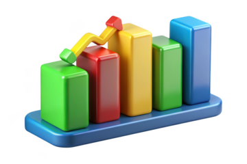 3d colorful bar chart graph with arrow showing growth and success in business and finance, isolated on transparent background