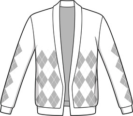 PrintStylish argyle cardigan sweater fashion flat sketch, long sleeve knitwear design with classic diamond pattern, ribbed cuffs, and open front illustration